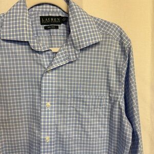 Lauren Ralph Lauren Blue Plaid Men's Button-Down Dress Shirt Non Iron 15, 32/33